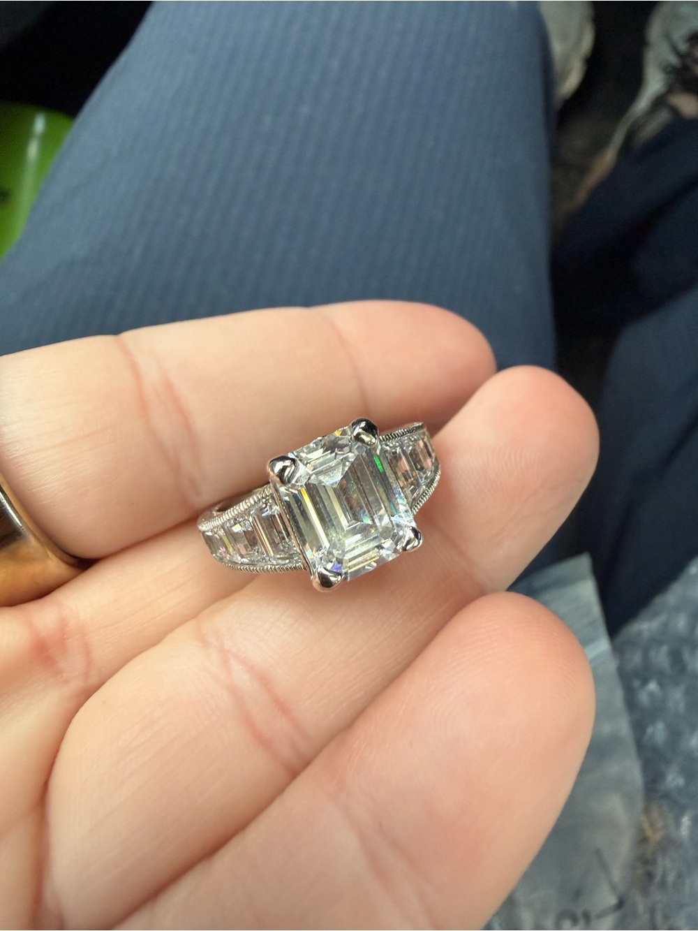 Tacori Platinum-Tone Emerald-Cut Clear Stone Ring with Baguette Accents